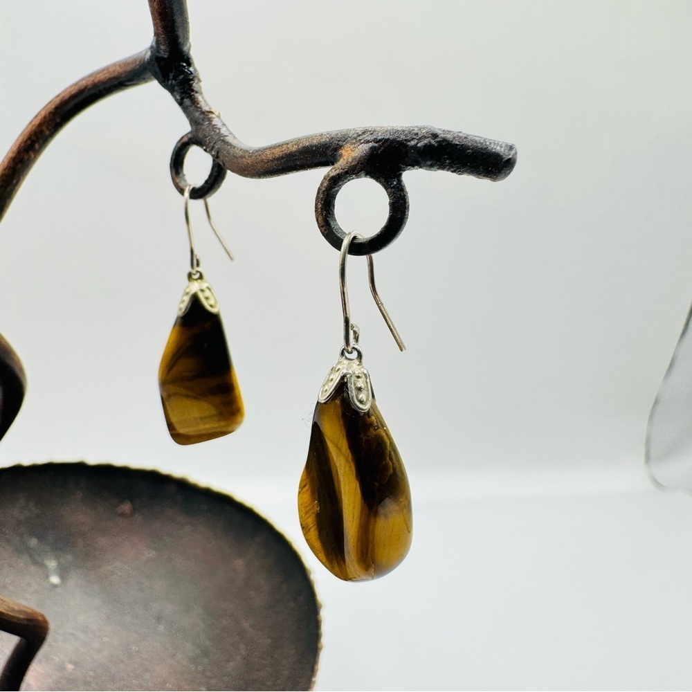 Tiger’s Eye Teardrop Sterling Silver Hook Dangle Earrings | Natural Stone - Picture 3 of 7